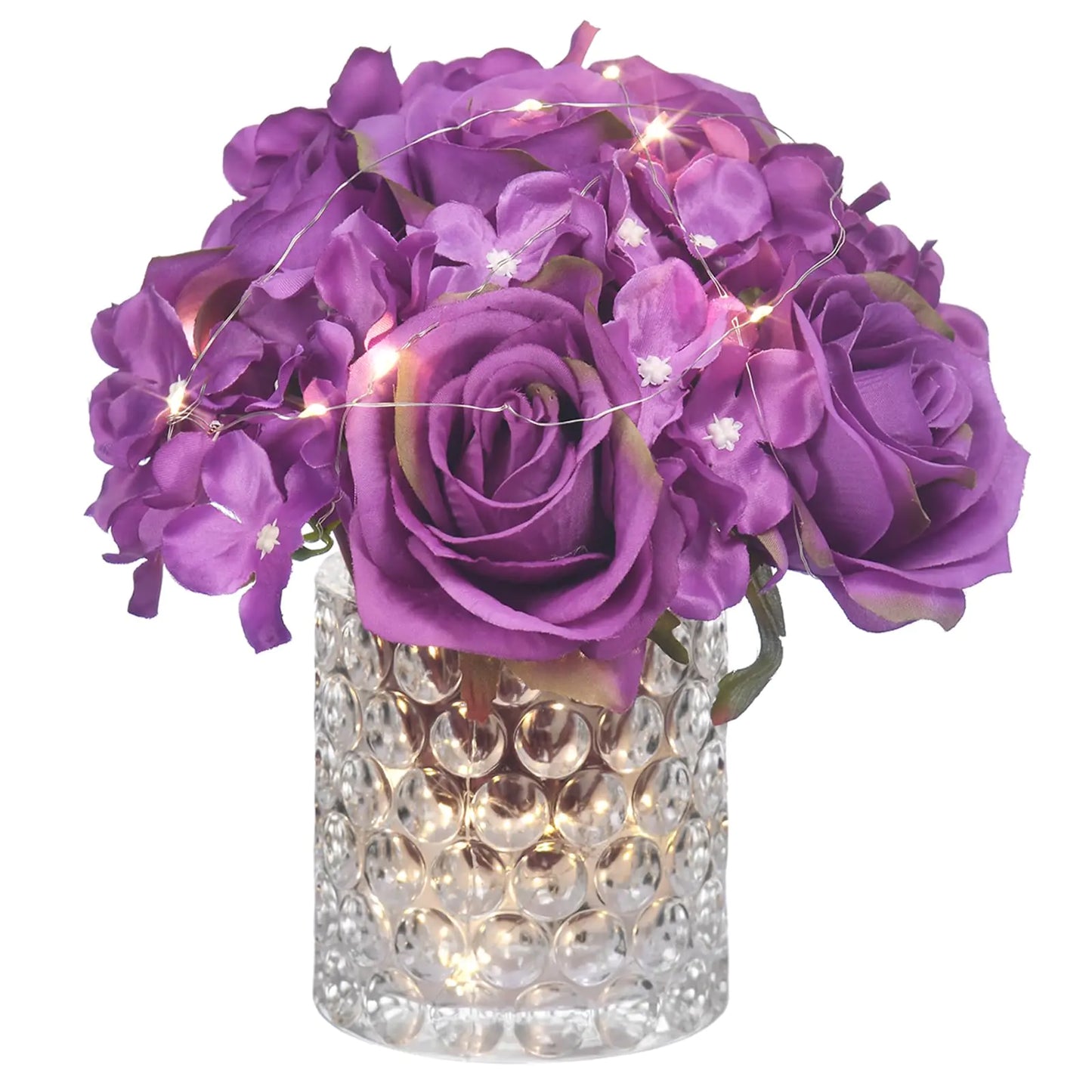 Artificial Rose & Hydrangea Arrangement with LED Lights – Glass Vase Décor