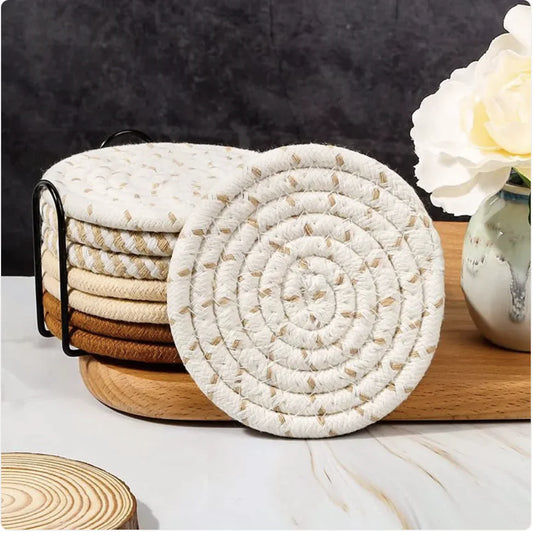 Set of 8 Hand-Woven Cotton Linen Heat-Resistant Table Mat & Coaster