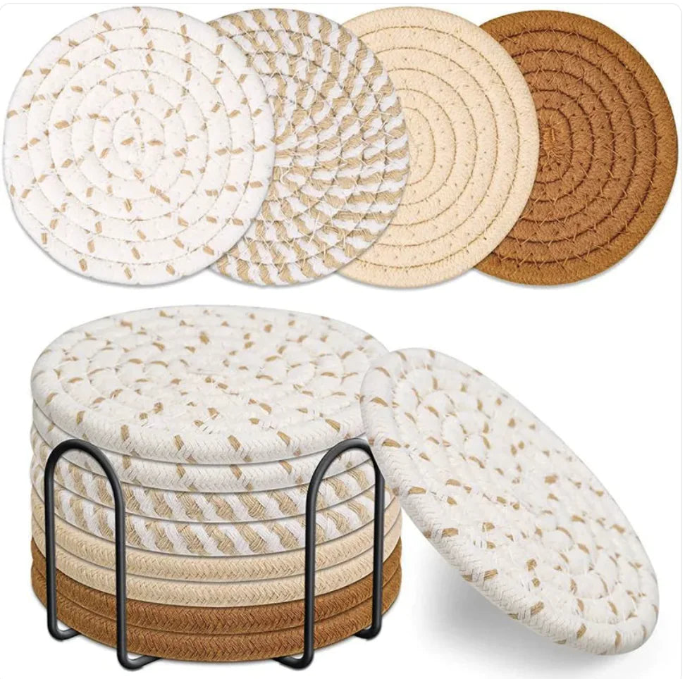 Set of 8 Hand-Woven Cotton Linen Heat-Resistant Table Mat & Coaster