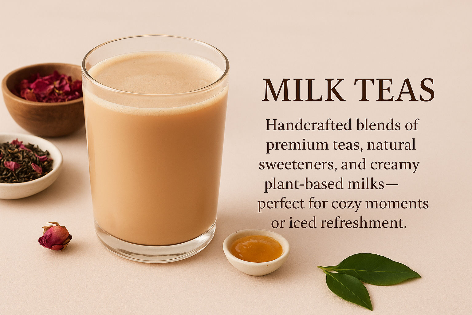 Glass of milk tea with ingredients and text about milk teas on a beige background