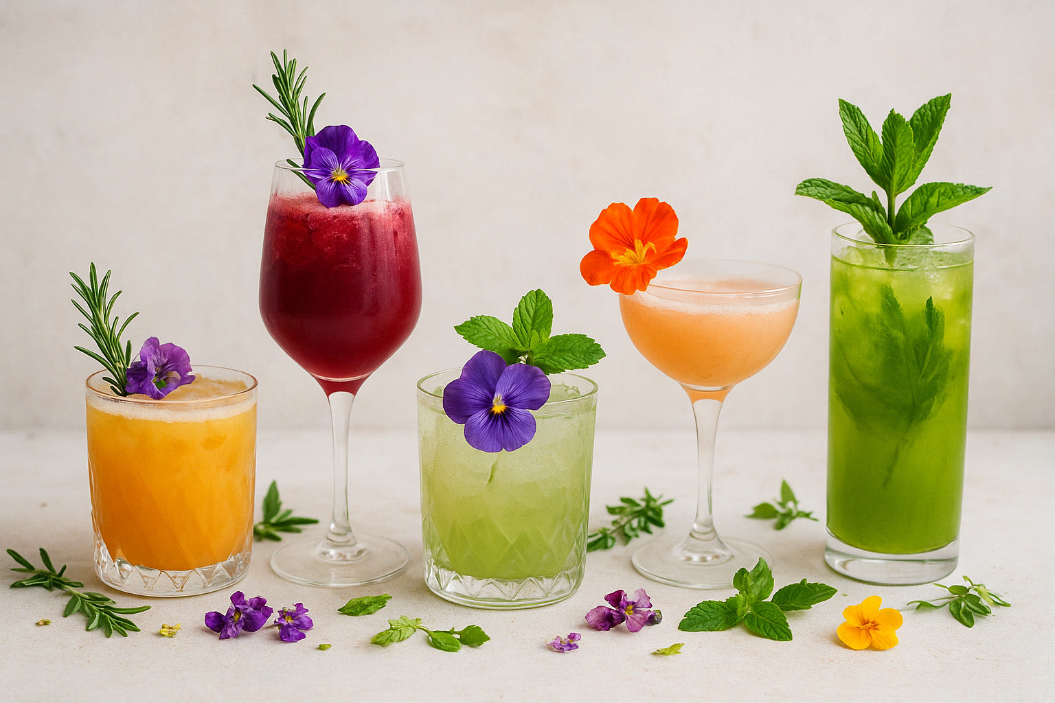 5 beverages orange red green color with fresh flower garnishes in a variety glassware