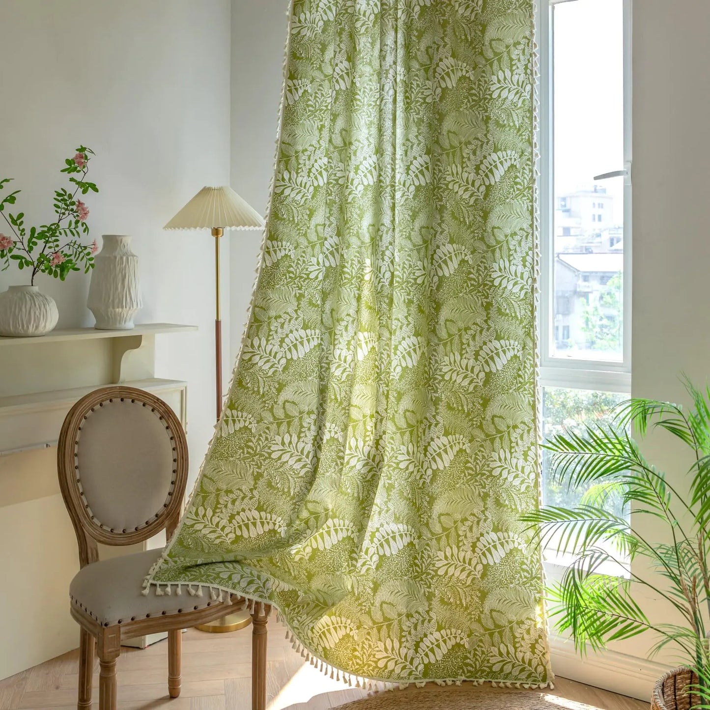 Boho Botanical Curtain Panel 84” – Cotton Linen Blend with Tassels, Semi-Blackout Farmhouse Window Treatment, Rod Pocket, Green Leaf Print, 59” x 84”