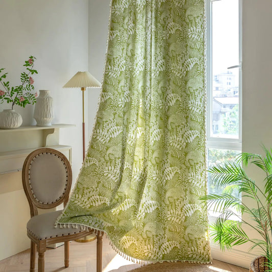 Boho Botanical Curtain Panel 84” – Cotton Linen Blend with Tassels, Semi-Blackout Farmhouse Window Treatment, Rod Pocket, Green Leaf Print, 59” x 84”