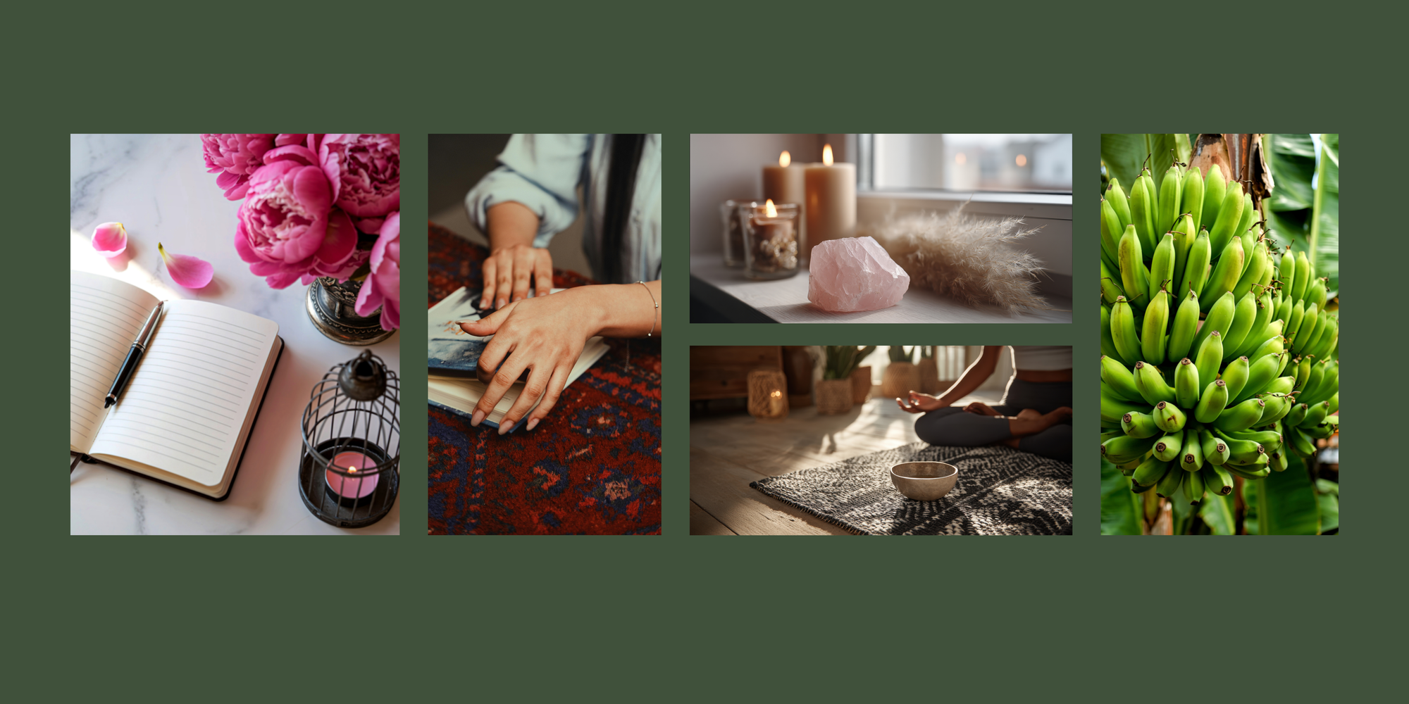 Collage of various images including a notebook, hands on a laptop, a person in a room with candles opening a journal, a rose quartz, a rug with person meditating, and a bunch of bananas in a tree.