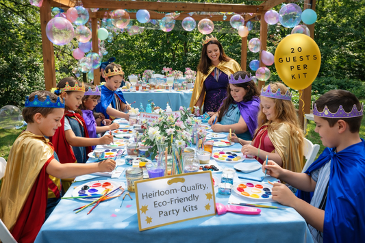 Children seated and having fun painting crafts at a birthday party. Wearing crowns sashes and capes flower center piece, golden balloons, blue tablecloth 