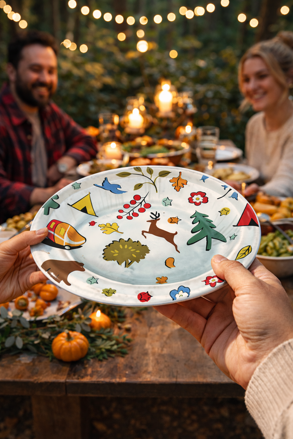 Outdoor Setting Party Gathering at the dinner table fall decor family friends candles harvest feast