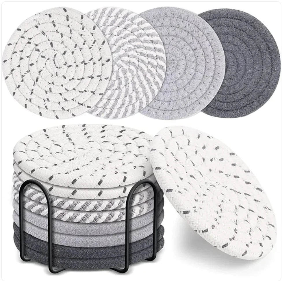 Set of 8 Hand-Woven Cotton Linen Heat-Resistant Table Mat & Coaster